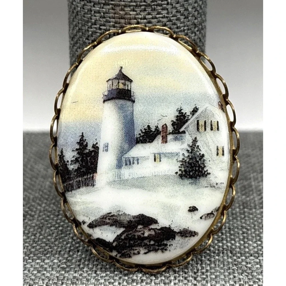Vintage Winter Lighthouse in Snow Landscape Brooch Pin Gold Tone
